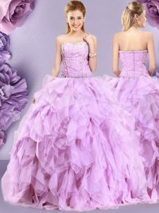 Artistic Lilac Quince Ball Gowns Military Ball and Sweet 16 and Quinceanera and For with Beading and Ruffles Sweetheart Sleeveless Zipper