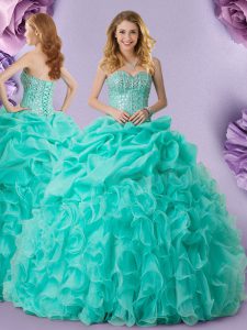Decent Turquoise Organza Lace Up 15th Birthday Dress Sleeveless Floor Length Beading and Ruffles and Pick Ups