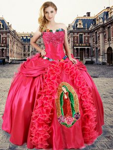 Coral Red Sleeveless Organza and Taffeta Lace Up Sweet 16 Dresses for Military Ball and Sweet 16 and Quinceanera