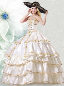 Traditional Ruffled Floor Length White Quinceanera Gowns Sweetheart Sleeveless Lace Up