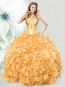 Admirable Gold Sweet 16 Dress Military Ball and Sweet 16 and Quinceanera and For with Beading and Ruffles Sweetheart Sleeveless Lace Up