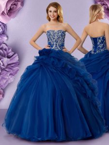 Sleeveless Floor Length Beading and Ruffles and Hand Made Flower Lace Up Sweet 16 Dresses with Royal Blue