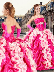 Affordable Hot Pink Sleeveless Beading and Ruffles and Pick Ups Floor Length Sweet 16 Quinceanera Dress