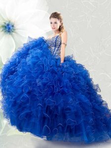 Luxurious Floor Length Royal Blue Quinceanera Gowns Sweetheart Sleeveless Lace Up