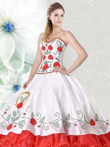 Customized Ruffled White and Red Sleeveless Organza and Taffeta Lace Up Sweet 16 Quinceanera Dress for Military Ball and Sweet 16 and Quinceanera