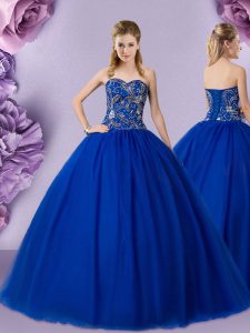 Royal Blue Lace Up Sweetheart Beading 15 Quinceanera Dress Tulle Sleeveless
