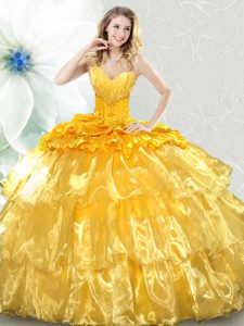 Sequins Ruffled Gold Sleeveless Organza Lace Up Sweet 16 Quinceanera Dress for Military Ball and Sweet 16 and Quinceanera