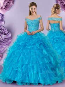 Latest Off The Shoulder Sleeveless Organza Vestidos de Quinceanera Beading and Lace and Ruffles Lace Up