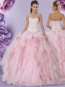 Floor Length Baby Pink Quinceanera Gown Sweetheart Sleeveless Lace Up