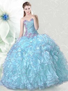 Sweetheart Sleeveless Sweet 16 Dress Floor Length Beading and Ruffles Light Blue Organza