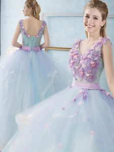 Exquisite Light Blue Ball Gowns Tulle V-neck Sleeveless Appliques and Ruffles Floor Length Lace Up 15th Birthday Dress
