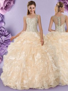 Enchanting Organza Straps Sleeveless Zipper Beading and Ruffles Quinceanera Gown in Champagne