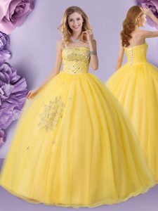 Strapless Sleeveless Quince Ball Gowns Floor Length Beading Gold Tulle