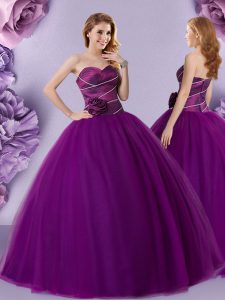 Dark Purple Tulle Zipper 15 Quinceanera Dress Sleeveless Floor Length Hand Made Flower