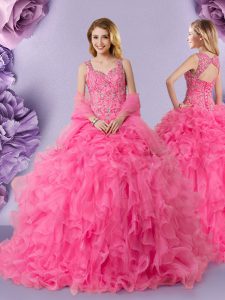 Hot Selling Straps Sleeveless Organza Floor Length Lace Up Quinceanera Gown in Hot Pink with Lace