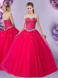 Floor Length Coral Red Quince Ball Gowns Tulle Sleeveless Beading