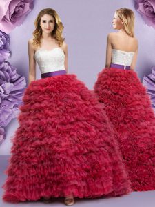 Shining Ruffled Ball Gowns Quinceanera Gowns Wine Red Sweetheart Tulle Sleeveless Floor Length Lace Up