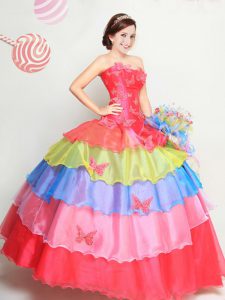 Top Selling Multi-color Sleeveless Appliques and Ruffled Layers Floor Length Quinceanera Gowns