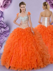 Tulle Sweetheart Sleeveless Lace Up Beading and Ruffles Ball Gown Prom Dress in Orange Red