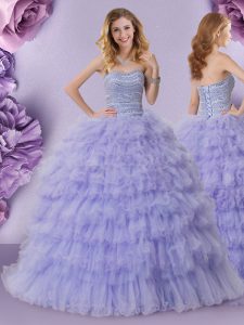 Wonderful Lavender Strapless Lace Up Beading and Ruffled Layers Vestidos de Quinceanera Sleeveless