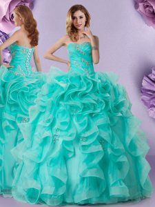 Aqua Blue Ball Gowns Sweetheart Sleeveless Organza Floor Length Lace Up Beading and Ruffles 15th Birthday Dress