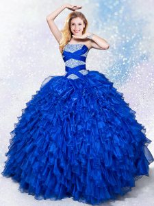 Ball Gowns Quinceanera Gowns Royal Blue Strapless Organza Sleeveless Floor Length Lace Up