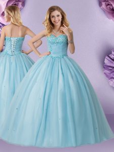Light Blue Quinceanera Dresses Military Ball and Sweet 16 and Quinceanera and For with Beading Sweetheart Sleeveless Lace Up