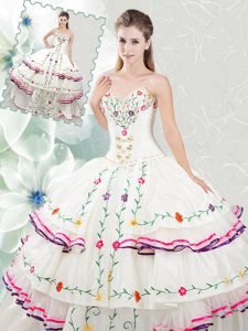 Clearance Floor Length White Quinceanera Gowns Organza and Taffeta Sleeveless Embroidery and Ruffled Layers