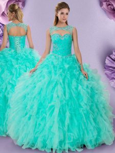Hot Selling Scoop Apple Green Tulle Lace Up Quinceanera Gown Sleeveless Floor Length Beading and Ruffles