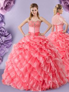Sleeveless Organza Floor Length Lace Up Quinceanera Dress in Watermelon Red with Lace