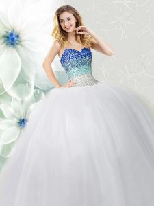 Sleeveless Tulle Floor Length Lace Up Sweet 16 Dress in White with Beading