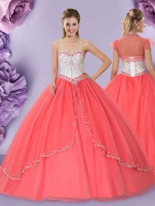 Watermelon Red Ball Gowns Tulle Sweetheart Sleeveless Beading Floor Length Lace Up Quince Ball Gowns