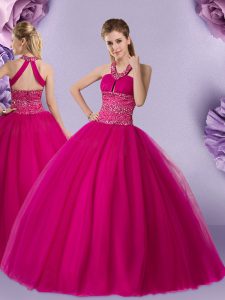 Excellent Halter Top Sleeveless Lace Up Floor Length Beading Sweet 16 Quinceanera Dress