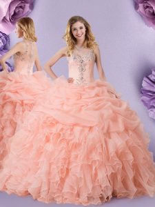 Graceful Straps Beading and Ruffles and Pick Ups Quinceanera Gown Peach Zipper Sleeveless Floor Length