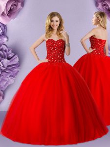 Red Tulle Lace Up Quinceanera Dresses Sleeveless Floor Length Beading