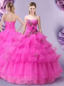 Sleeveless Lace Up Floor Length Appliques and Ruffled Layers and Hand Made Flower Ball Gown Prom Dress