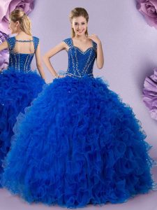Glamorous Straps Cap Sleeves Tulle Floor Length Lace Up Quinceanera Dress in Royal Blue with Beading and Ruffles