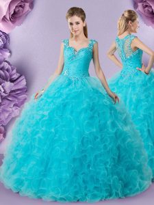 Smart Straps Baby Blue Zipper Ball Gown Prom Dress Beading and Ruffles Sleeveless Floor Length