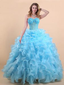 Latest Organza Sweetheart Sleeveless Lace Up Appliques and Ruffles Quince Ball Gowns in Light Blue