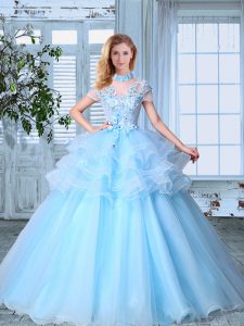 Simple SeeThrough Light Blue Organza Lace Up Sweet 16 Quinceanera Dress Short Sleeves Floor Length Appliques and Ruffled Layers