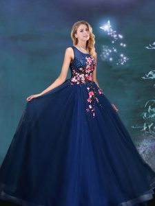 Modest Navy Blue Lace Up Scoop Appliques Sweet 16 Quinceanera Dress Tulle Sleeveless