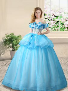 Baby Blue Quinceanera Gowns Prom and For with Beading and Appliques Off The Shoulder Sleeveless Lace Up