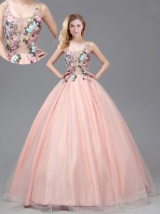 Straps See Through Floor Length Criss Cross Quinceanera Dress Baby Pink for Prom with Appliques