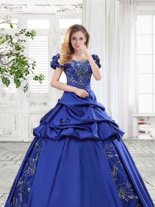 Modest Royal Blue Quinceanera Gown Prom and For with Appliques and Pick Ups and Bowknot Off The Shoulder Cap Sleeves Lace Up