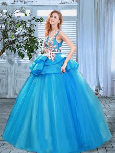 Scoop Sleeveless Floor Length Appliques and Hand Made Flower Lace Up 15th Birthday Dress with Blue