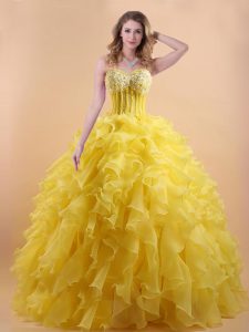 Great Floor Length Gold Ball Gown Prom Dress Organza Sleeveless Appliques and Ruffles