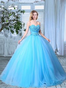 Sleeveless Floor Length Appliques Lace Up Quinceanera Gowns with Baby Blue