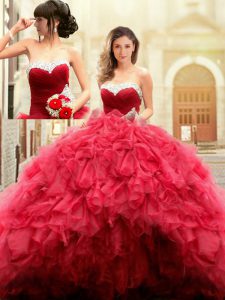 Glorious Sweetheart Sleeveless Lace Up Quince Ball Gowns Red Tulle