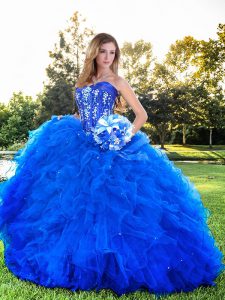 Royal Blue Ball Gowns Beading and Ruffles Sweet 16 Dresses Lace Up Tulle Sleeveless Floor Length