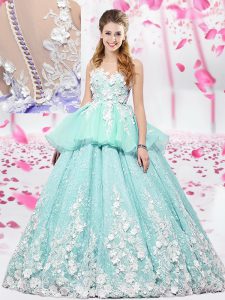 Glorious Organza and Tulle Scoop Sleeveless Lace Up Lace and Appliques Quinceanera Dresses in Apple Green